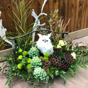 Winter Flower Arrangement with Snowy Owl